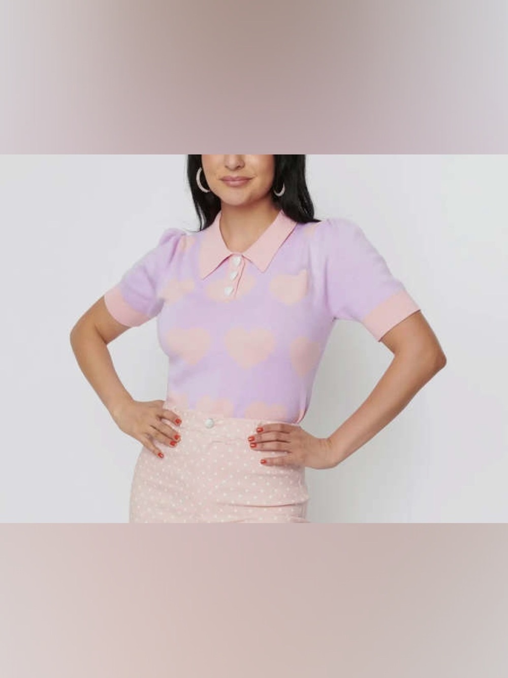Unique Vintage Valentines Lavender Short Sleeve Polo Sweater Size XS/S